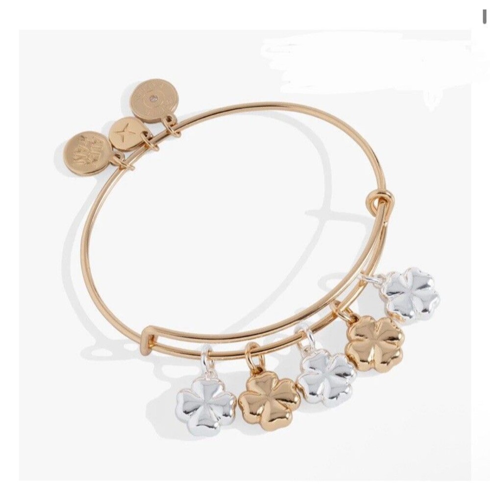 Alex and Ani Puffy Clover Multi Charm Bangle Bracelet Silver/Gold Two-Tone Metal